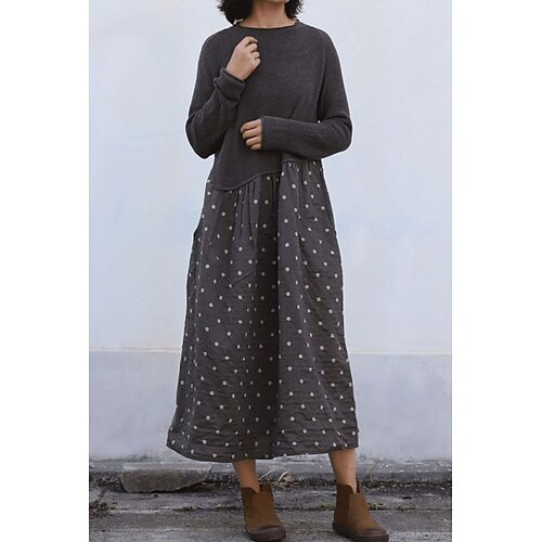 

Women's Casual Dress Midi Dress Dark Gray Long Sleeve Polka Dot Ruched Print Winter Fall Crew Neck Stylish Casual Fall Dress 2022 S M L XL XXL 3XL / Winter Dress