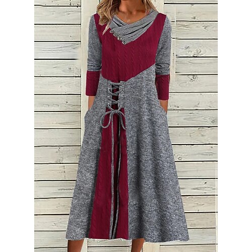 

Women's Swing Dress Midi Dress Midi Dress Gray 3/4 Length Sleeve Color Block Ruched Patchwork Button Fall Winter V Neck Stylish Casual 2022 S M L XL XXL 3XL