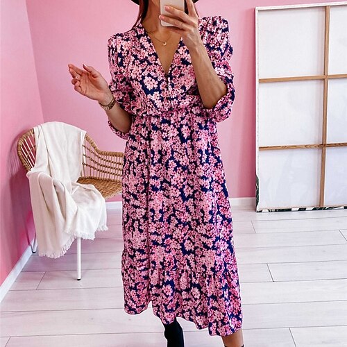 

Women's Casual Dress Shift Dress Midi Dress Pink Brown Black Half Sleeve Leopard Floral Split Print Fall Winter V Neck Fashion Casual Modern 2022 S M L XL 2XL