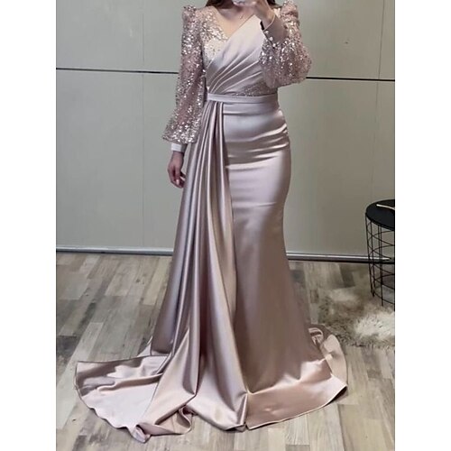 

Women's Party Dress Swing Dress Long Dress Maxi Dress Pink Long Sleeve Pure Color Sequins Ruched Winter Fall V Neck Stylish Modern Party Fall Dress 2022 S M L XL XXL 3XL / Winter Dress