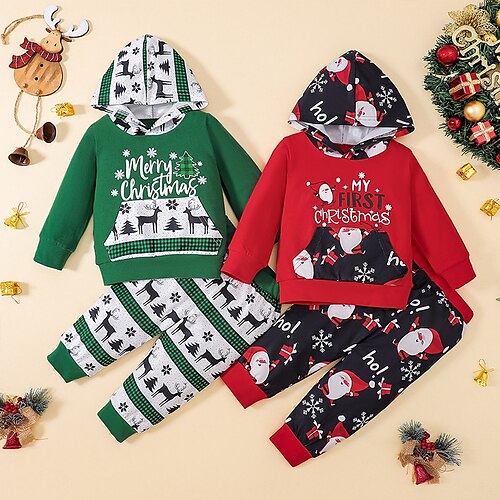 

Kids Boys Ugly Christmas Hoodie & Pants Outfit Letter Santa Claus Long Sleeve Pocket Set Outdoor Vacation Adorable Winter Fall 7-13 Years Green Red