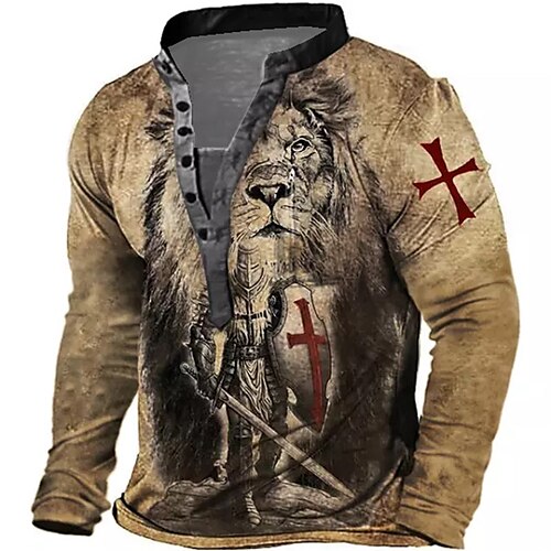 

Men's Sweatshirt Pullover Button Up Hoodie Brown Standing Collar Lion Knights Templar Graphic Prints Zipper Print Daily Sports Holiday 3D Print Streetwear Designer Casual Spring & Fall Clothing