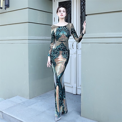 

Mermaid / Trumpet Prom Dresses Elegant Dress Formal Floor Length Long Sleeve Jewel Neck Sequined with Sequin 2022