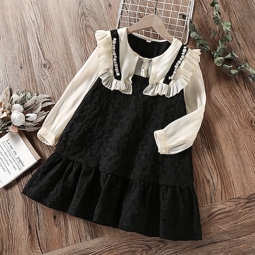 

2 Pieces Kids Girls' Solid Color Ruffle Dress Suits Set Long Sleeve Cute School 7-13 Years Winter Black / Fall / Spring / Summer / Knee-length