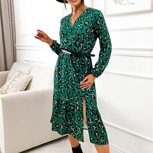 

Women's Print Dress Green khaki Long Sleeve Leopard Split Print Winter Fall V Neck Stylish Modern Fall Dress Slim 2022 S M L XL 2XL / Cotton / Winter Dress