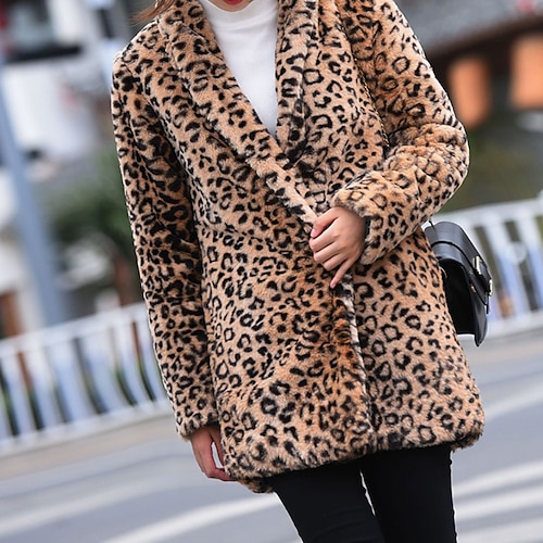 

Women's Teddy Coat Faux Leather Jacket Warm Breathable Outdoor Daily Wear Vacation Going out Pocket Print Open Front Turndown Elegant Lady Comfortable Plush Leopard Regular Fit Outerwear Long Sleeve