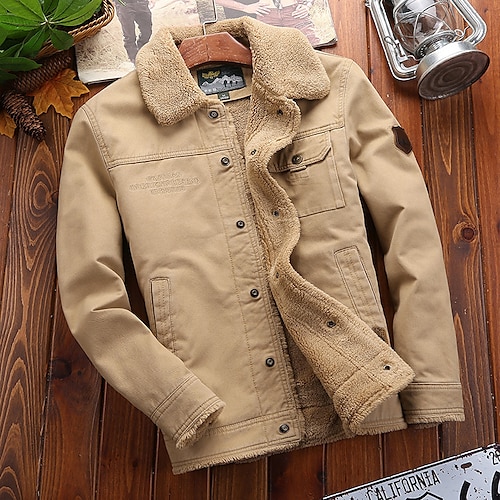 

Men's Winter Jacket Sherpa jacket Winter Coat Warm Durable Daily Wear Vacation To-Go Single Breasted Turndown Warm Ups Comfort Leisure Jacket Outerwear Solid / Plain Color Pocket khaki Army Green