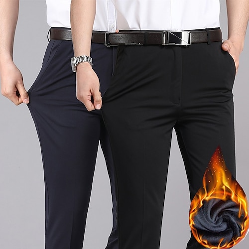 

Men's Dress Pants Fleece Pants Winter Pants Trousers Pocket Straight Leg Solid Color Comfort Breathable Business Casual Daily Retro Vintage Formal Navy Blue Black Stretchy