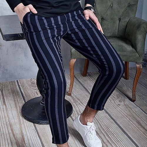 

Men's Chinos Trousers Casual Pants Jogger Pants Pocket Drawstring Elastic Waist Stripe Comfort Breathable Full Length Daily Going out Streetwear Cotton Blend Stylish Simple Blue Khaki Micro-elastic