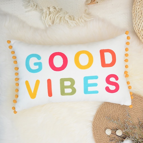 

Letter Embroidery Pillow Cover Decorative Pillowcase Good Vibes Throw Cushion Cover for Sofa Couch Bed Bench Living Room 1PC