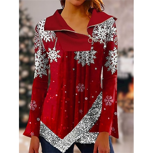

Women's Shirt Red Snowflake Asymmetric Quarter Zip Long Sleeve Christmas Casual Basic Christmas Shirt Collar Regular S