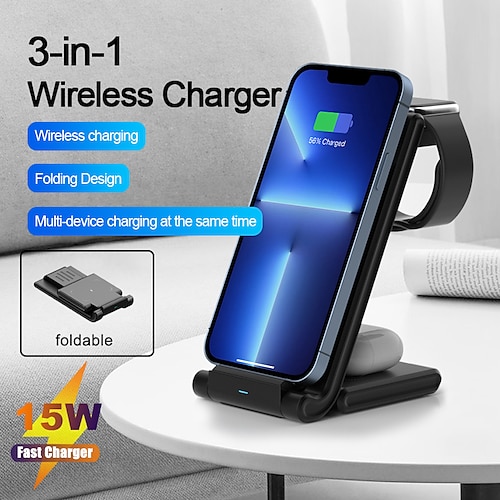 

3 in 1 Wireless Charger Stand 15W Foldable Quick Charging station for iPhone 14 13 12 X Samsung Galaxy Apple Watch Airpods Pro
