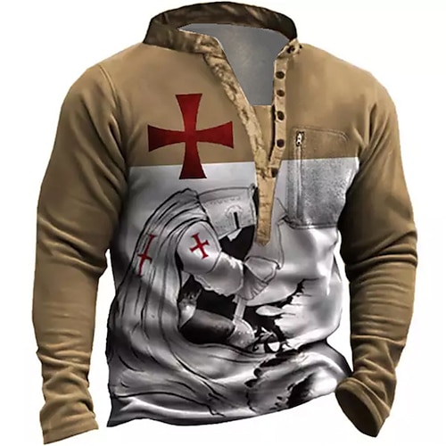 

Hombre Sudadera Pull-over Marrón Cuello Mao Caballeros templarios Estampados Cremallera Estampado Diario Deportes Festivos Impresión 3D Básico Ropa de calle Design Primavera Otoño Ropa Knight