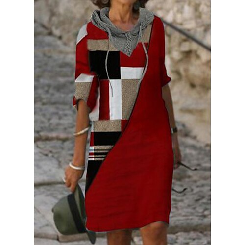 

Women's Hoodie Dress Knee Length Dress Knee Length Dress Red Half Sleeve Plaid Print Fall Winter Hooded Stylish Modern 2022 S M L XL XXL 3XL