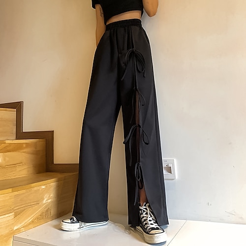 

Women's Wide Leg Black Casual Daily Wide Leg Full Length Comfy Solid Colored One-Size