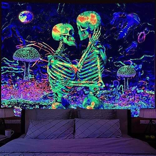 

Blacklight UV Reactivae Wall Tapestry Skull Couple Art Decor Blanket Curtain Picnic Tablecloth Hanging Home Bedroom Living Room Dorm Decoration Polyester