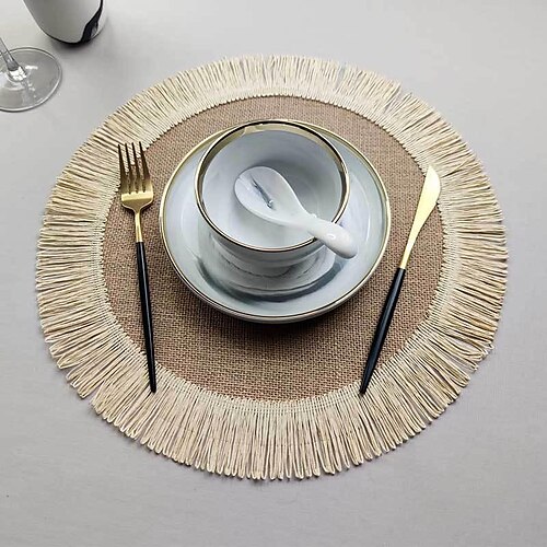 

Jute Placemat Paper Simple Row Beard Edge Christmas Round Table Mat Environmental Insulation Non-Slip Mat