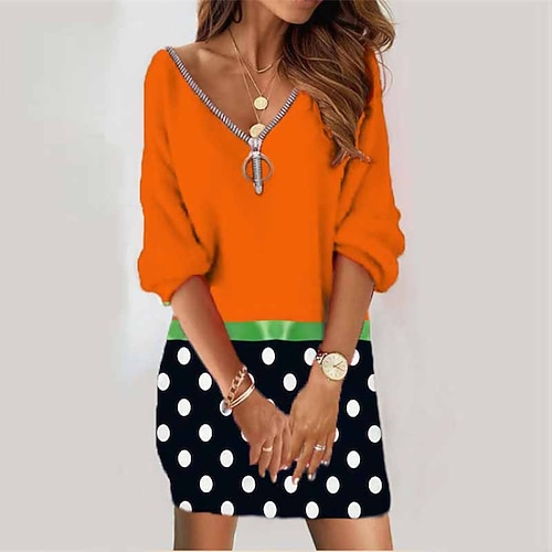 

Women's Sweatshirt Dress Shift Dress Short Mini Dress Yellow Orange Long Sleeve Plaid Polka Dot Zipper Print Fall Winter V Neck Vacation Casual Halloween 2022 S M L XL XXL 3XL
