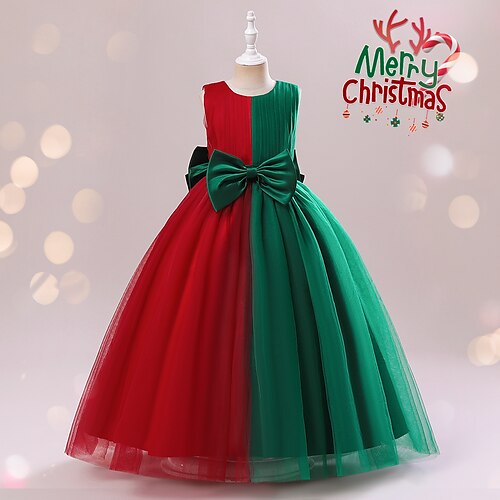 

vestito da festa per bambina vestito da festa a blocchi di colore regali di prestazione girocollo verde maxi abiti da principessa senza maniche dolce inverno autunno forma da 8 a 13 anni