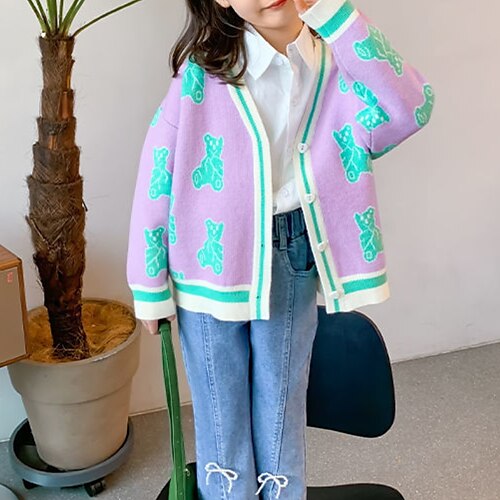 

Kids Girls' Cardigan Graphic Daily Long Sleeve Cute Cotton 2-12 Years Winter Purple