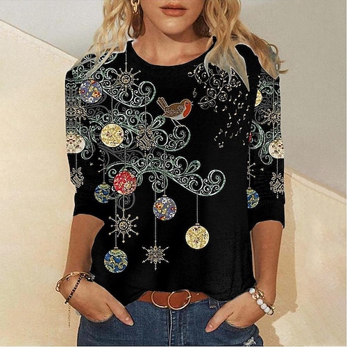 

Women's T shirt Tee Black Graphic Bird Print Long Sleeve Daily Weekend Basic Round Neck Regular Painting S