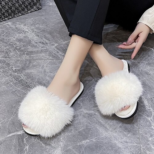 

Women's Slippers Daily Fuzzy Slippers Fluffy Slippers Plus Size House Slippers Winter Flat Heel Open Toe Casual Faux Fur Loafer Solid Colored Black Rosy Pink Beige