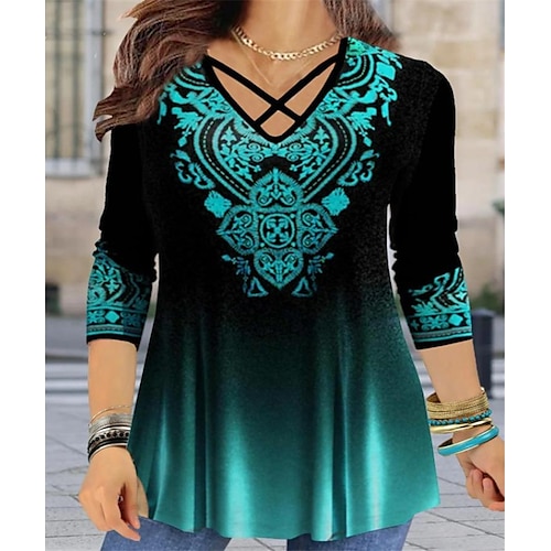 

Women's Shirt Green Graphic Color Gradient Flowing tunic Print Long Sleeve Casual Holiday Streetwear V Neck Regular S