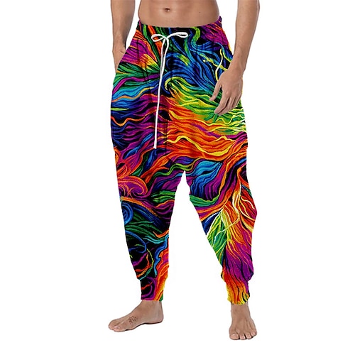 

Men's Trousers Baggy Harem Pants Drawstring Elastic Waist 3D Print Rainbow Graphic Prints Comfort Breathable Casual Daily Holiday Streetwear Designer Blue Rainbow Micro-elastic