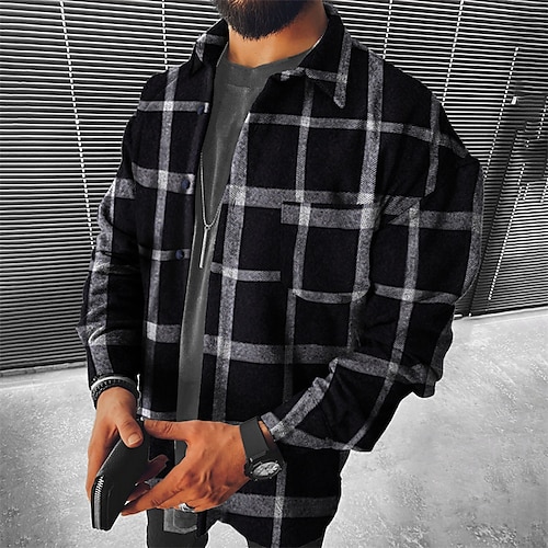 

Men's Flannel Shirt Shirt Jacket Shacket Fleece Shirt Shirt Overshirt Plaid Turndown Red White Black Hot Stamping Outdoor Street Long Sleeve Button-Down Print Clothing Apparel Fashion Designer Casual