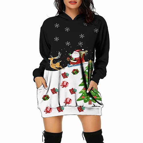 

Women's Christmas Sweatshirt Dress Winter Dress Midi Dress Black And White caramel Green Black Gold Yellow Light Green Wine Khaki Long Sleeve Santa Claus Elk Snowman Print Winter Fall Crew Neck