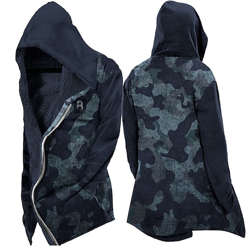 

Men's Jacket Fleece Lining With Pockets Daily Wear Vacation Going out Zipper Hoodie Streetwear Sport Casual Jacket Outerwear Number Graphic Prints Camo / Camouflage Front Pocket Fleece Print Blue