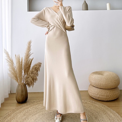 

Damen Pullover Kleid Winterkleid Etuikleid langes Kleid Maxikleid beige schwarz Langarm reine Farbe Strick Winter Herbst V-Ausschnitt stilvoll elegant 2022 One-Size Winterkleid