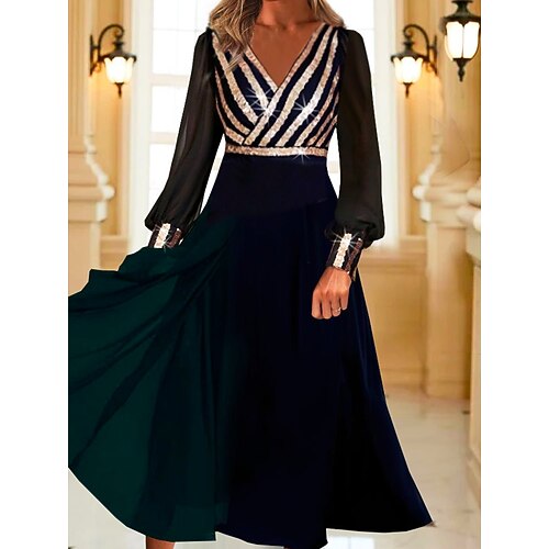 

Women's Party Dress Swing Dress Midi Dress Navy Blue Long Sleeve Line Sequins Ruched Fall Winter V Neck Stylish Modern 2022 S M L XL XXL 3XL