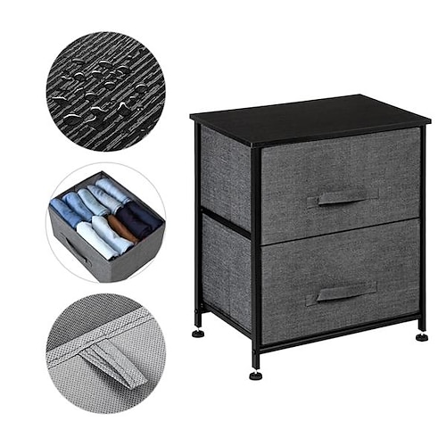 

2 Drawers -Night Stand End Table Storage Tower - Sturdy Steel Frame Wood Top Easy Pull Fabric Bins - Organizer Unit For Bedroom Hallway Entryway Closets - Textured Print Grey