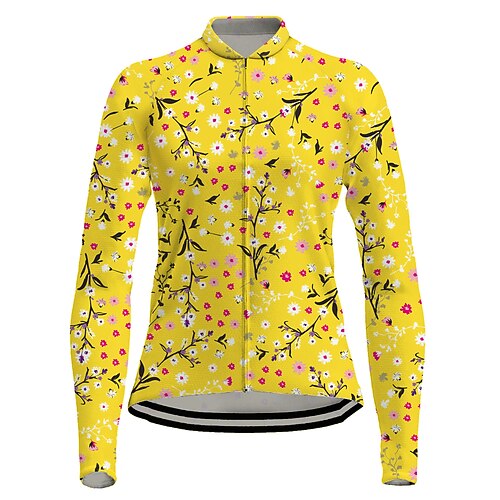 

21Grams Women's Cycling Jersey Long Sleeve Bike Jersey Top with 3 Rear Pockets Mountain Bike MTB Road Bike Cycling Breathable Quick Dry Moisture Wicking Reflective Strips Green Yellow Sky Blue Floral