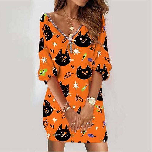 

Women's Sweatshirt Dress Shift Dress Short Mini Dress Orange Black Long Sleeve Cat Letter Zipper Print Fall Winter V Neck Vacation Casual Halloween 2022 S M L XL XXL 3XL