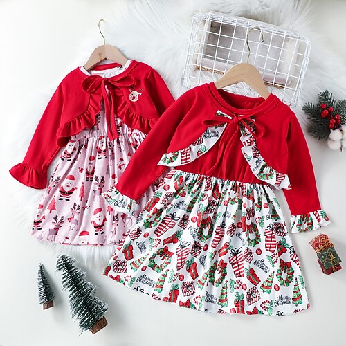 

2 Pieces Toddler Girls' Ugly Christmas Santa Claus Clothing Set Set Long Sleeve Active Christmas Gifts Cotton 3-7 Years Spring Green Red / Summer / Above Knee
