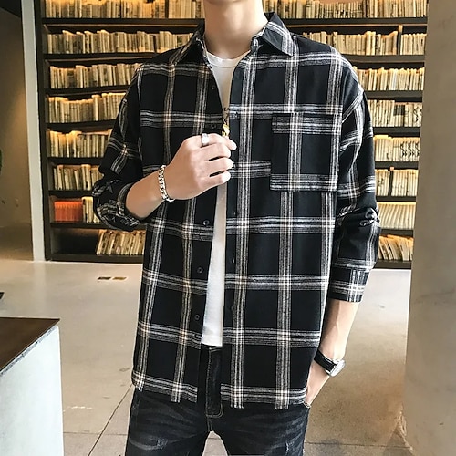 

Men's Shirt Plaid Check Shirt Turndown Black Navy Blue Gray Casual Daily Long Sleeve Button-Down Clothing Apparel Basic Fashion Streetwear Comfortable