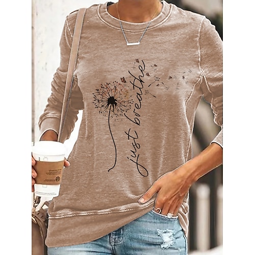 

Women's T shirt Tee Print Text Dandelion Basic Round Neck Green Blue Pink Khaki / Long Sleeve