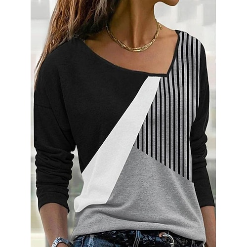 

Mulheres Camisa Social Preto Bloco de cor Listrado Imprimir Manga Longa Casual Básico Decote V Padrão Geométrico S
