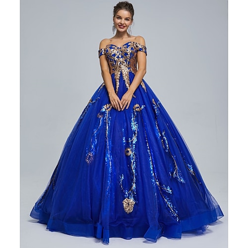 

Ball Gown Prom Dresses Sparkle & Shine Dress Quinceanera Floor Length Sleeveless Off Shoulder Tulle with Sequin 2022