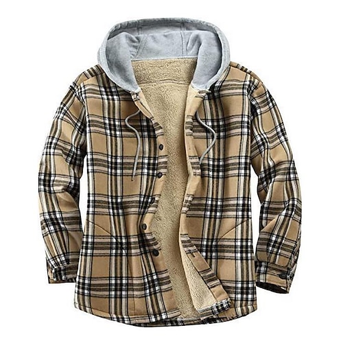 

Men's Shacket Fleece Lining With Pockets Daily Wear Vacation Going out Single Breasted Turndown Streetwear Sport Casual Jacket Outerwear Plaid Button Front Pocket Print khaki / Long Sleeve