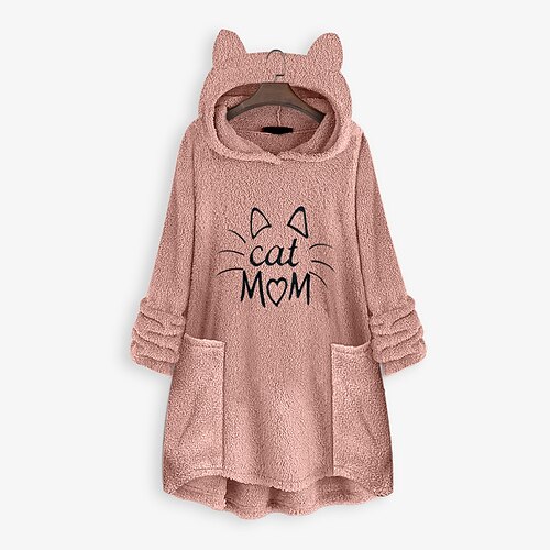 

Women's Hoodie Sweatshirt Pullover Sherpa Fleece Teddy Pocket Pink Brown Navy Blue Cat Street Hoodie Long Sleeve S M L XL 2XL 3XL