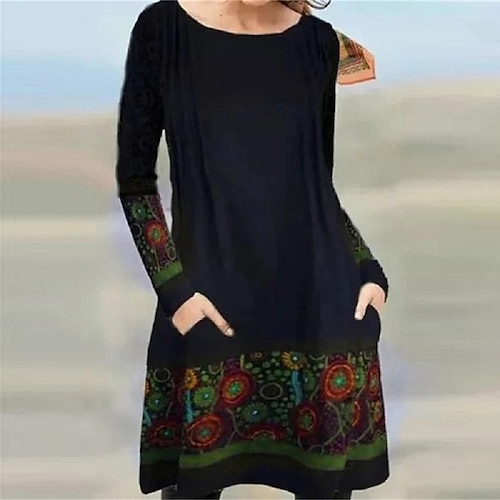 

Women's Casual Dress T Shirt Dress Tee Dress Ethnic Dress Mini Dress Purple Green Long Sleeve Floral Pocket Winter Fall Autumn Crew Neck Vacation 2023 S M L XL XXL 3XL 4XL 5XL