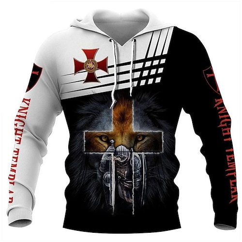 

Men's Pullover Hoodie Sweatshirt Black Hooded Lion Knights Templar Graphic Prints Print Daily Sports 3D Print Streetwear Designer Casual Spring & Fall Clothing Apparel Knight Templar Hoodies