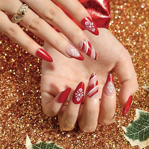 

Wearing Nail French Style Red Edge White Snowflake Christmas Nail