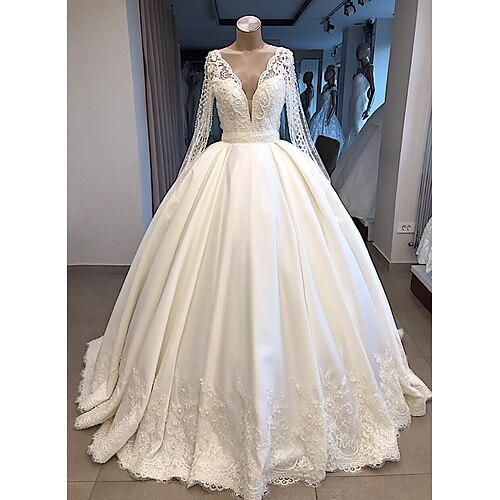 

Ball Gown Wedding Dresses V Neck Chapel Train Satin Lace Long Sleeve Formal Sexy with Buttons Beading Appliques 2022