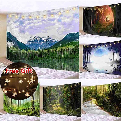

Landscape Forest Lake Wall Tapestry Art Decor Blanket Curtain Picnic Tablecloth Hanging Home Bedroom Living Room Dorm Decoration Gift Polyester (with LED String Lights)