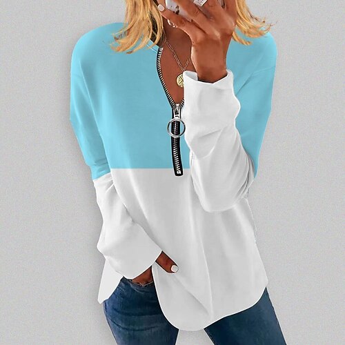 

Women's Sweatshirt Pullover Basic Zipper Green Black Blue Color Block Street V Neck Long Sleeve S M L XL 2XL 3XL