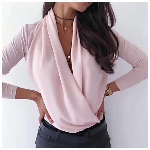 

Mujer Camisa Blusa Negro Blanco Rosa Plano Manga Larga Trabajo Básico Escote en Pico Regular S